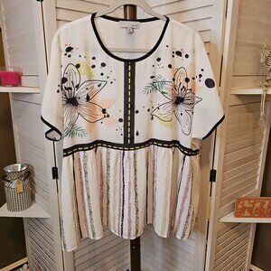 Luukse, Plus Size 4X, White, Flowers/Stripes, Blouse, Sheer, NWOT